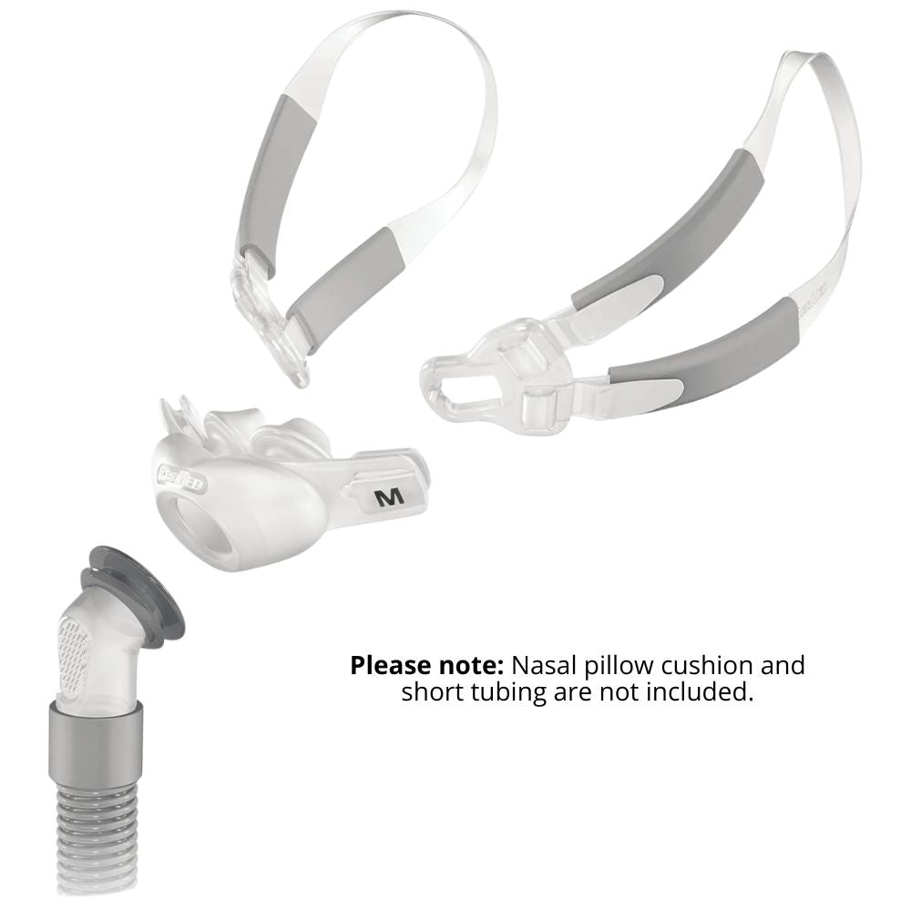 Swift FX Bella Gray Mask CPAP mask assembly showing loops with nasal pillow cushion and short tubing