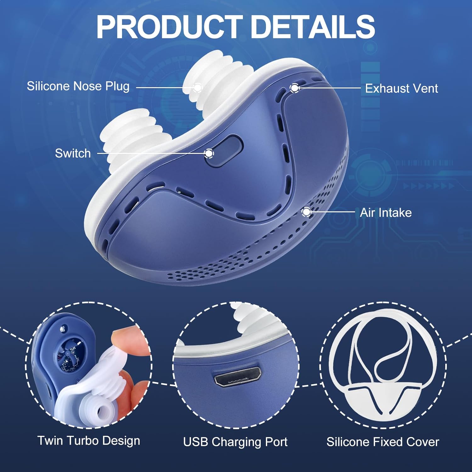 Rechargeable Anti-Snoring Aid - Adjustable Airflow Sleep Aid (White & Blue)